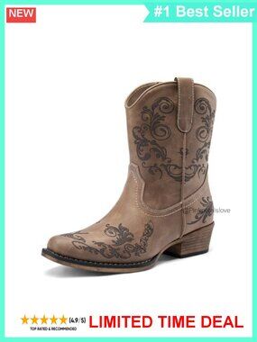 Women's Western Ankle Boots Vegan Leather Square Toe Cowboy Booties